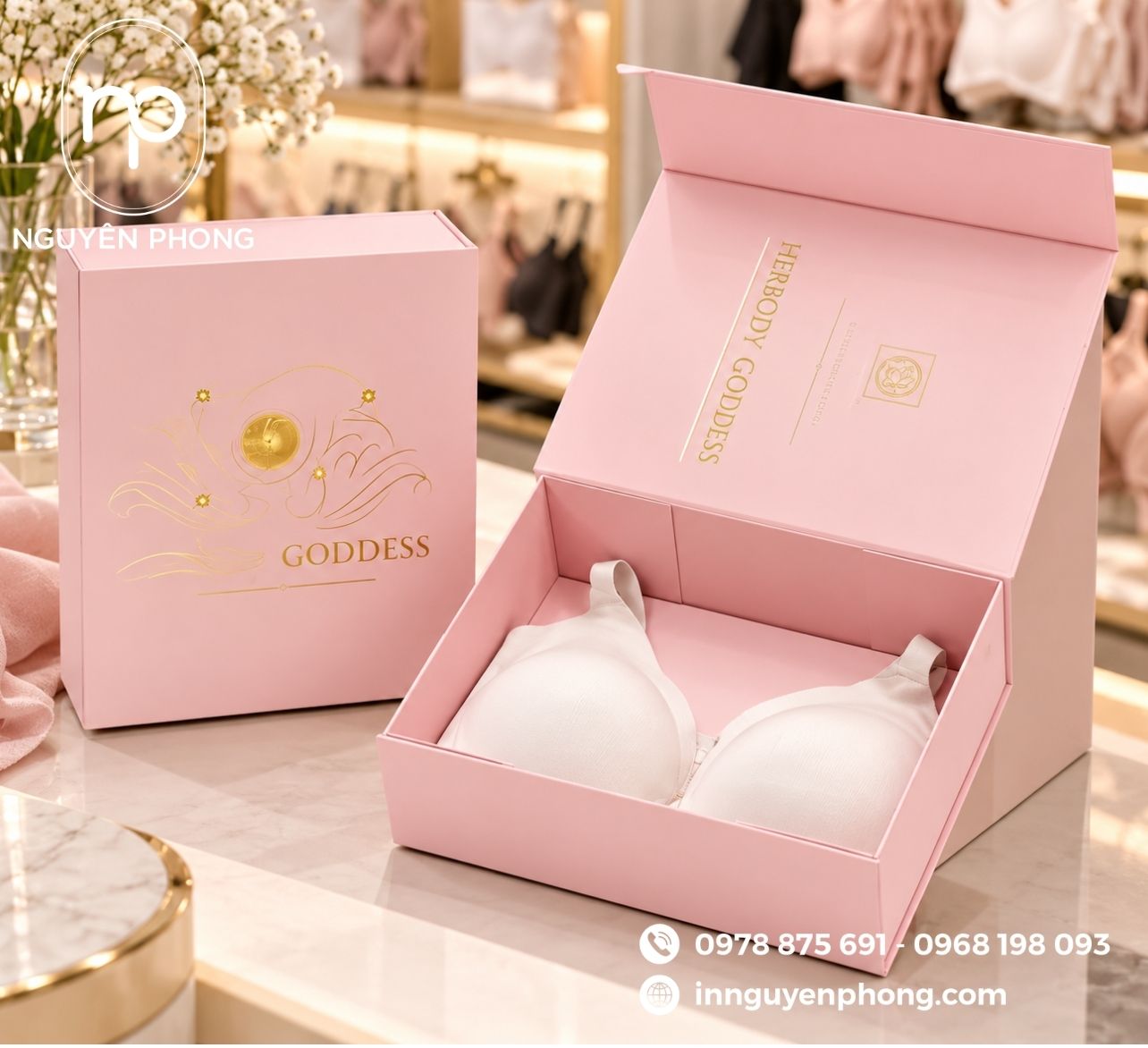 Mẫu hộp cứng đựng đồ lót ép nhũ logo 